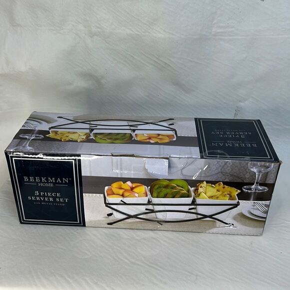 Beekman Home 3 Piece Serving Set Metal Holder 3 White Stone Ware Square Bowls - Picture 1 of 4